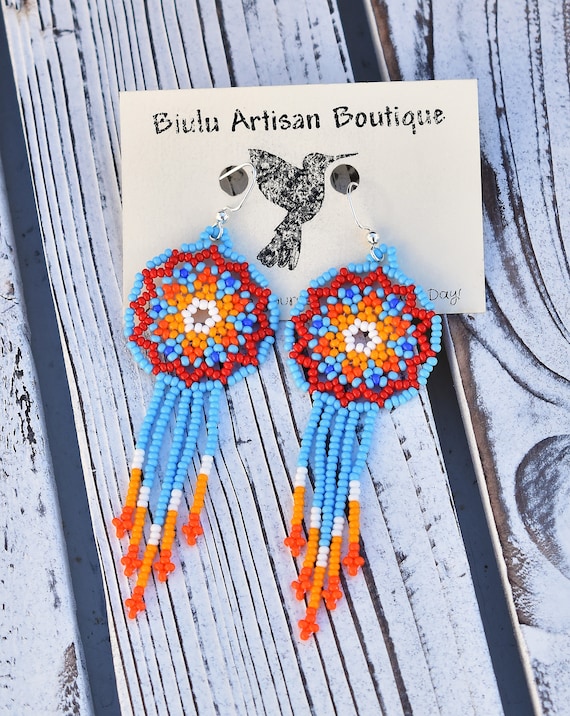 Starburst Earrings, Native American Beaded Earrings, Star Earrings, Beaded Stars, Cute Circles w/ Tassels | Biulu Artisan Boutique