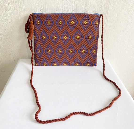 Handloomed Boho Purse, Boho Crossbody Bag, Indigenous Made, Handmade Purse, Burnt Orange, Blue, Boho Clutch Purse | Biulu Artisan Boutique