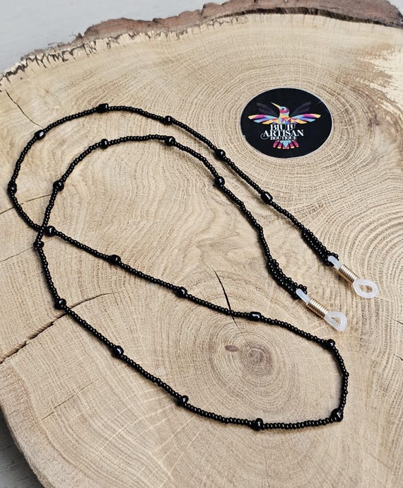 Minimalist Hand-Stitched Huichol Beaded Sunglasses Lanyard, Black Chain, 26" Long