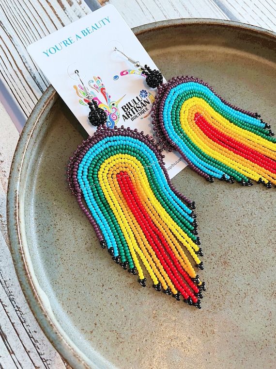 Beaded Boho Earrings, Rainbow, Native American Beaded Earrings, Indigenous Made, Jewelry, Handmade, Statement  | Biulu Artisan Boutique