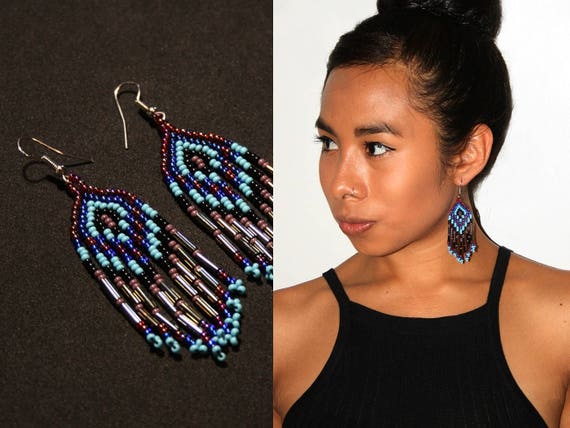 Small Dangling Earrings, Pyramid Earrings, Huichol Earrings, Native American Beaded Earrings, Seed Bead Earrings, Authentic Beadwork