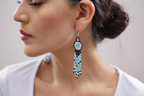 Native American Style Beaded Earrings, Huichol Beaded Jewelry, Huichol Earrings, Huichol Beadwork, Small Dangle Earrings, Black Turquoise