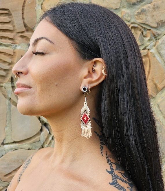 Handmade Boho Earrings, Native American Beaded Earrings, Beaded Boho Earrings, Indigenous Made, Short Skinny Earrings, Etsy Handmade