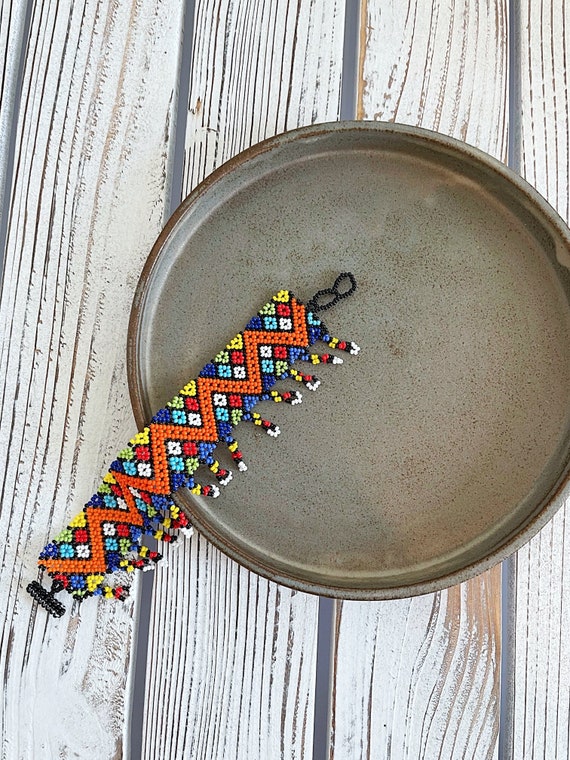 Beaded Boho Bracelet, Geometric Cuff Bracelet, Colorful, Native American Beaded Bracelet, Beaded Jewelry, Indigenous Made, Handmade