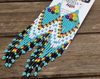 Native American Style Beaded Earrings, Boho Beaded Turquoise Earrings, Tribal Fashion Jewellery, Long Dangles, Statement Earrings, Handmade