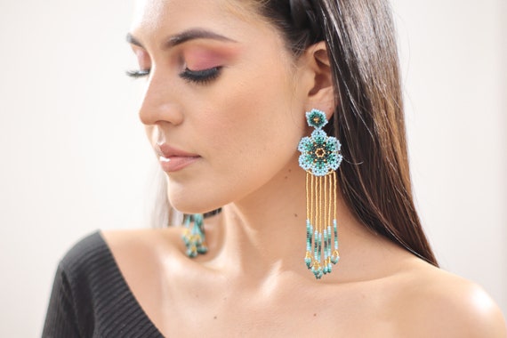 Beaded Flower Earrings w/ Posts, Boho Beaded Earrings, Native American Beaded Earrings, Indigenous Made, Handmade, Blue, Huichol Jewelry