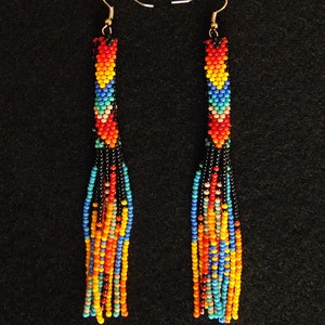 Native Style Beaded Earrings, Long Beaded Tube Earrings, Boho, Seed Bead, Tribal Fashion, Huichol, Handmade | Biulu Artisan Boutique image 6