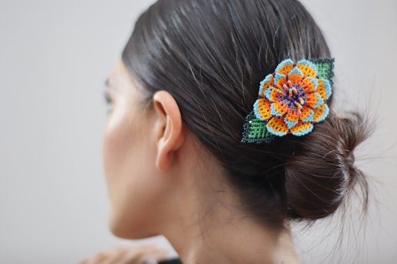 Boho Flower Hairclip, Handmade Beaded Barrette, Vibrant, Native American Jewelry, Indigenous Made, Boho Hair Accessories, Hair Barrette