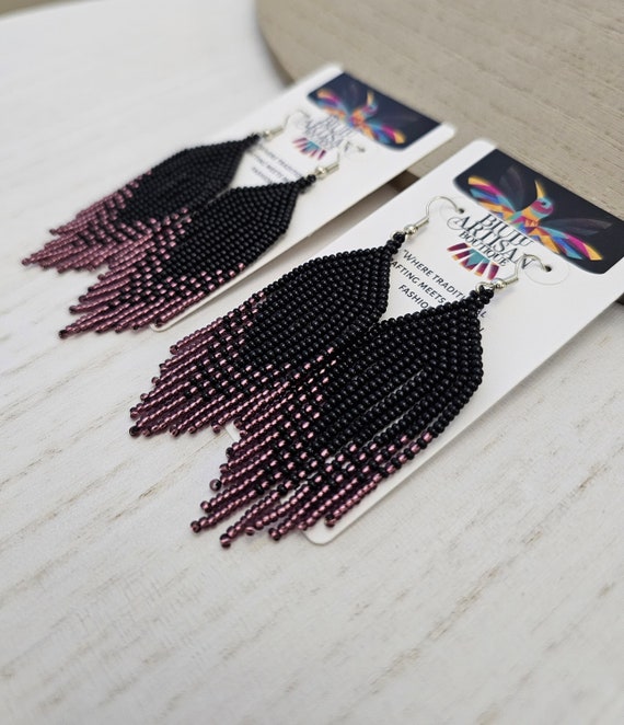 Short Boho Beaded Earrings, 2.5" Black Purple Earrings, Contemporary Native American Beaded Earrings, Dainty Statement Earrings