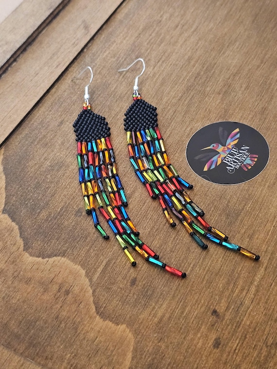 Seed Bead Earrings, Boho Earrings, Vintage Style Beaded Earrings, Long Skinny Statement Earrings, Artisan Jewelry, Artisan Earrings