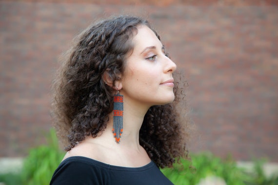 thumbnail image 2 of Handmade Tribal Seed Bead Earrings – Native American Boho Style – Blue & Black – 11.5mm 2 of 5