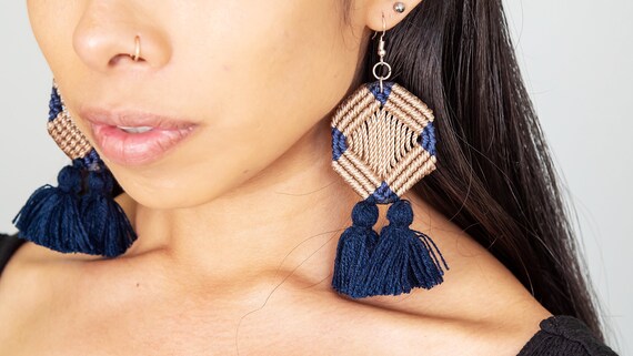 Boho Pom Earrings, Maya Dreamcatcher Earrings, Navy Blue, Beige, Native American Jewelry, Tassel Earrings, Handmade | Biulu Artisan Boutique