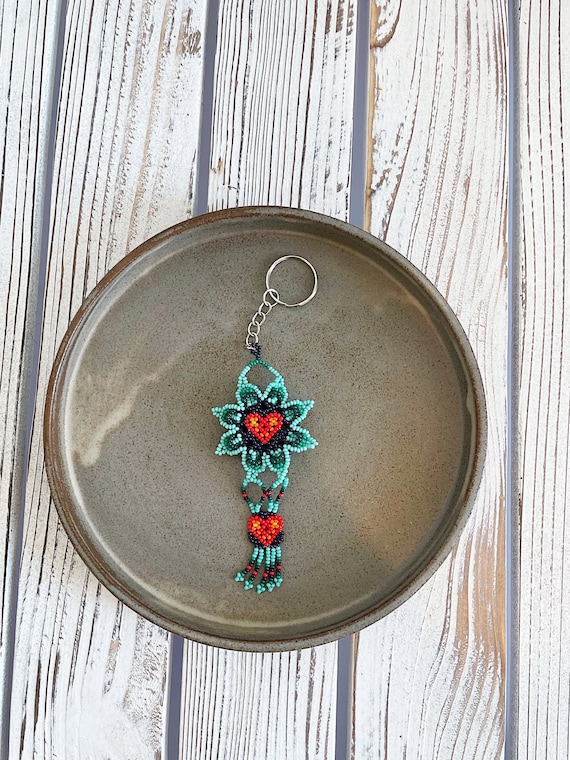 Turquoise Flower Keychain, Red Heart, Native American Beading, Boho Keychain, Handmade, Indigenous Made, Beaded | Biulu Artisan Boutique