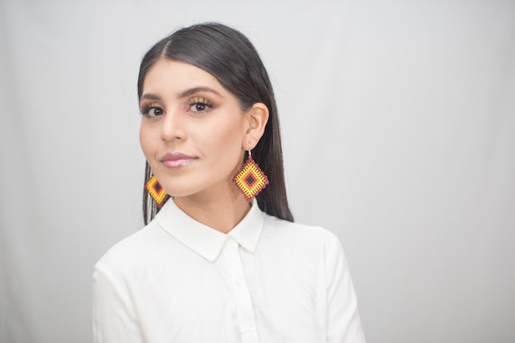Mexican Beaded Earrings, Authentic Huichol Ojo de Dios Earrings, Native American Style Earrings, Seed Bead Earrings,Hypoallergenic Jewelry
