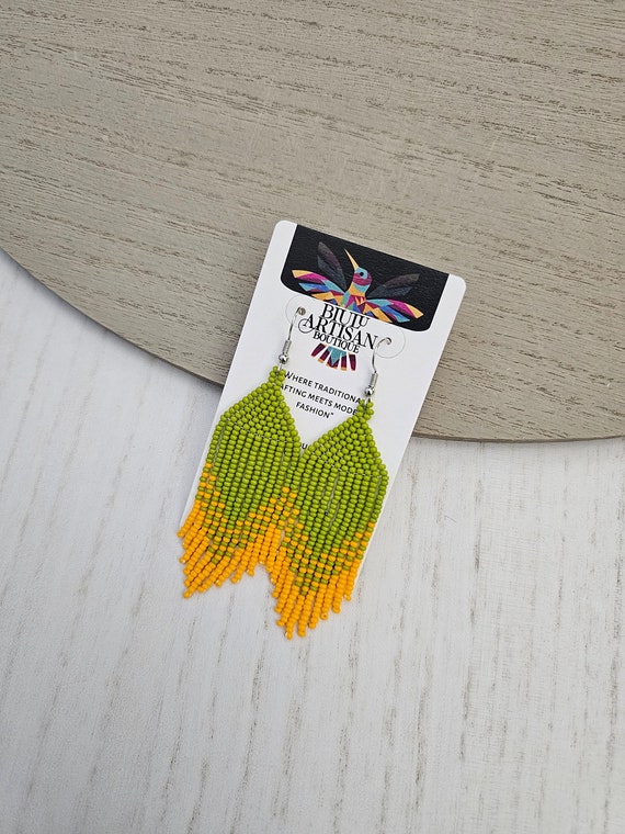 Short Boho Beaded Earrings, 2.5" Green Light Orange Earrings, Contemporary Native American Beaded Earrings, Dainty Statement Earrings