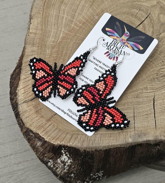 2 inches Butterfly Earrings, Pink butterfly, Insect Earrings, Native American, Beaded Earrings, Red butterfly , Seed Bead Earrings, Handmade
