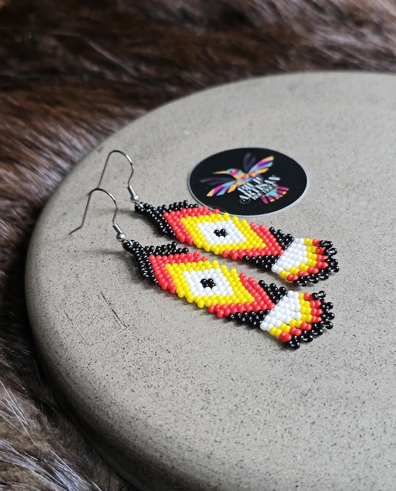 Handmade Earrings, Native American Beaded Earrings , Beaded Boho Earrings, Indigenous Made, Short Skinny Earrings, Medicine Wheel Colors