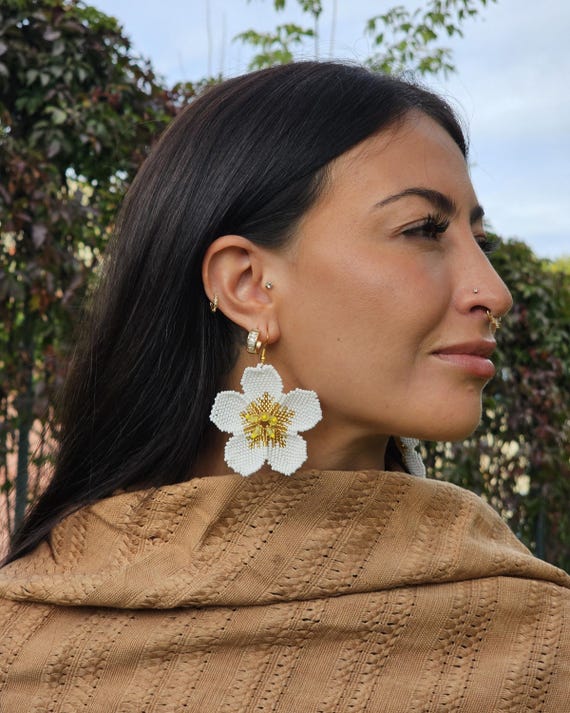 Big Beaded  White and Golden Flower Earrings, Statement Jewelry, Wedding Earrings