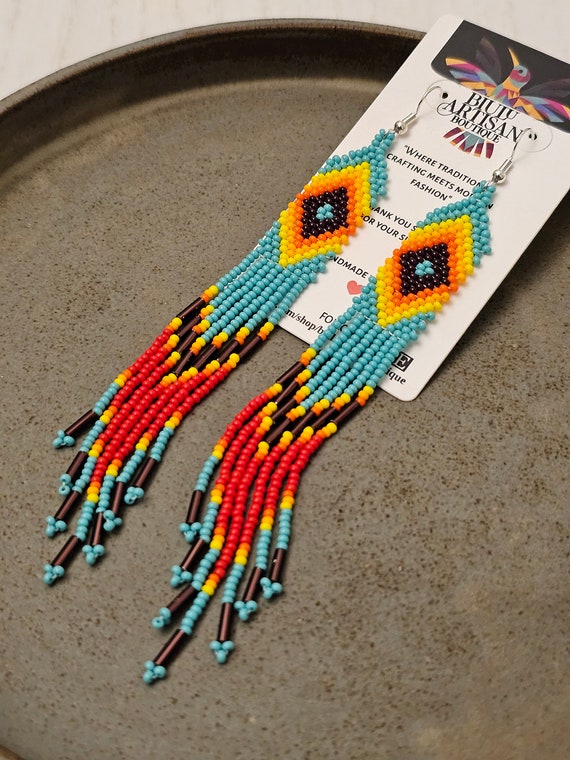 Handmade Earrings, Native American Beaded Earrings, Turquoise Red, Beaded Boho Earrings, Indigenous Made, Long Skinny Earrings, Eye of god