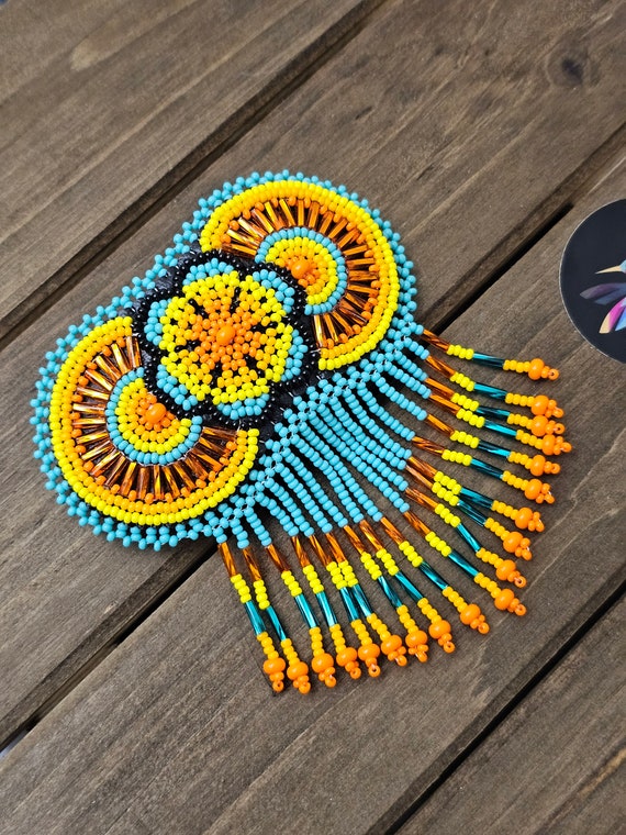 Beaded Boho Barrette, Native American Jewelry, Boho Hair Clip, Indigenous Made, Turquoise, Yellow, Etsy Jewelry | Biulu Artisan Boutique