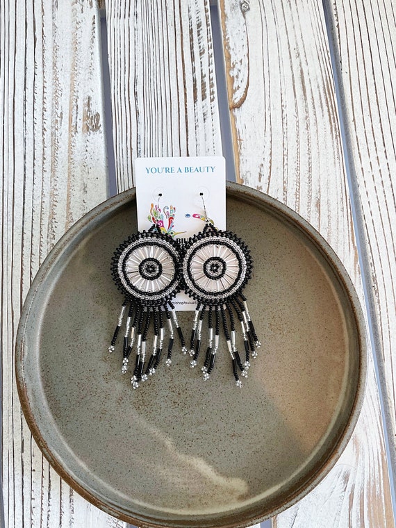Black & Silver Beaded Boho Earrings, Native American Beaded Earrings, Tribal Fashion, Faux Leather Back, Handmade | Biulu Artisan Boutique