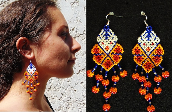 Huichol Beaded Earrings, Mexican Folk Art Jewelry, El Venado, Deer, Spirit Guide, Native American Handmade | Biulu Artisan Boutique