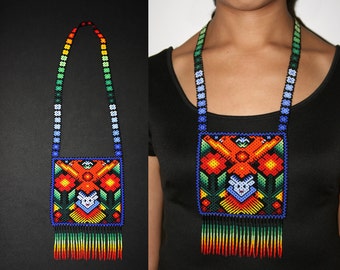 Huichol Tribal Necklace, Huichol Shaman Necklace, Native American Beaded Necklace, Mens Tribal Necklace, Seed Bead Necklace, Beaded Pendant