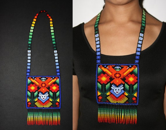 Huichol Tribal Necklace, Huichol Shaman Necklace, Native American Beaded Necklace, Mens Tribal Necklace, Seed Bead Necklace, Beaded Pendant