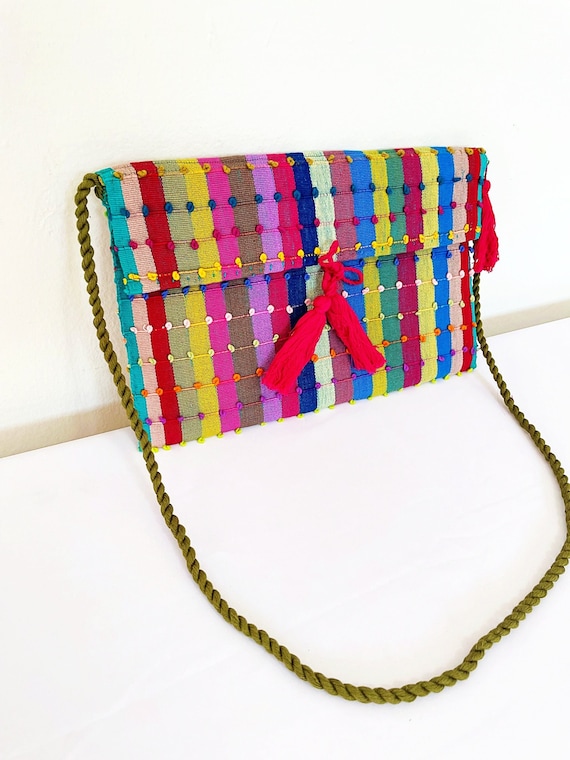 Colorful Bohemian Purse,  Clutch Purse, Boho Crossbody Bag, With Poms, Handloomed Purse, Indigenous Made, Striped | Biulu Artisan Boutique