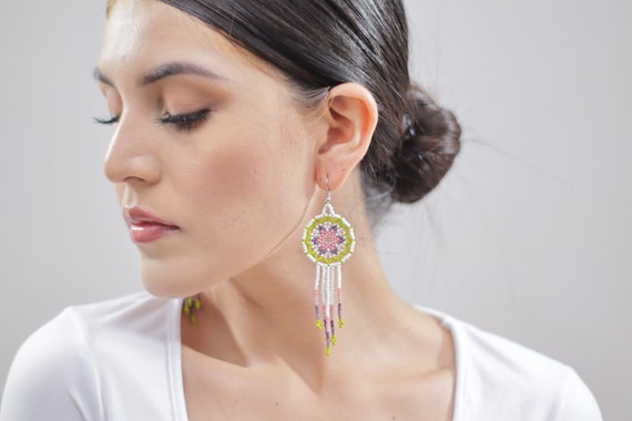 Star Earrings, Beaded Stars, Starburst Earrings, Native American Beaded Earrings, Cute Circles w/ Tassels | Biulu Artisan Boutique