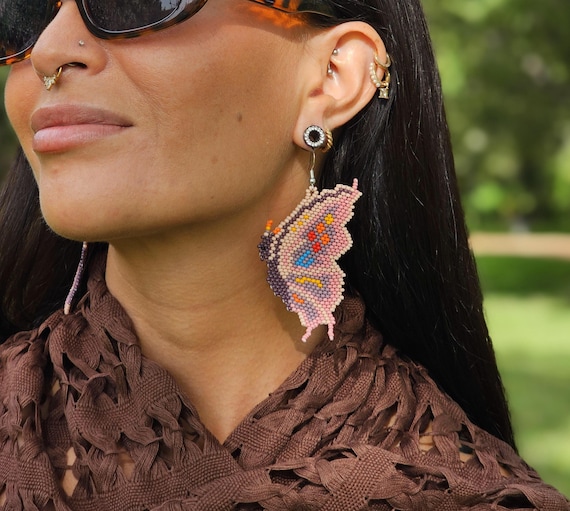 Beaded Butterfly Earrings, Boho Earrings, Native American Beaded Earrings, Butterfly Pair, Pink Earrings, Cream | Biulu Artisan Boutique