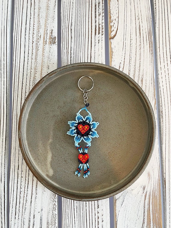 Sky Blue Flower Keychain, Red Heart, Native American Beading, Boho Keychain, Handmade, Indigenous Made, Beaded | Biulu Artisan Boutique