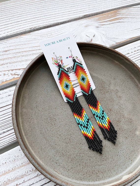 Handmade Boho Earrings, Native American Beaded Earrings, Beaded Boho Earrings, Indigenous Made, Long Skinny Earrings, Etsy Handmade