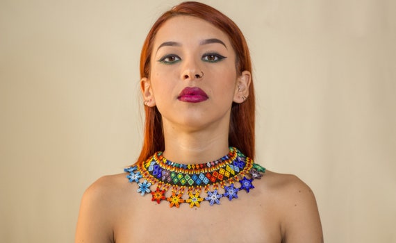 Boho Statement Necklace, Large Colorful Necklace, Beaded Boho Necklace, Native American Beaded Necklace, Indigenous Made, Floret Necklace