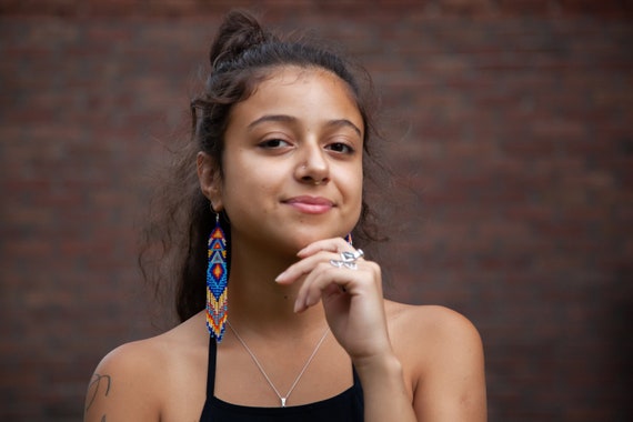 Native American Beaded Earrings, Geometric Fringe, Boho Chic Jewelry, Long Dangling, Unique Handmade, Seed Bead | Biulu Artisan Boutique