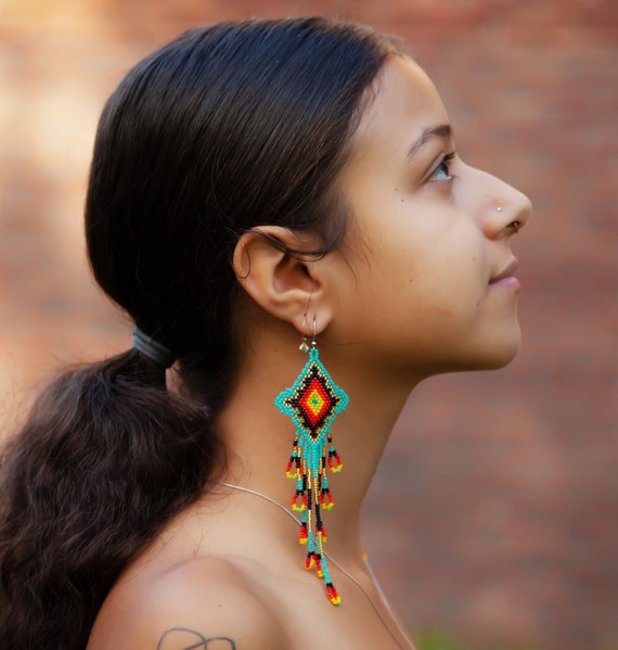 Long Dangling Huichol Earrings,Native American Earrings with Dangles, Eye of God Earrings, Ojo de Dios Earrings, Seed Bead Earrings