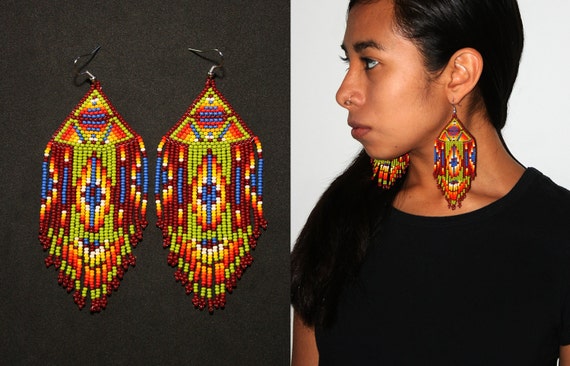 Native American Beaded Earrings, Aztec Earrings, Geometric Tribal Earrings, Pyramid Earrings, Large Dangling Earrings, Statement Earrings
