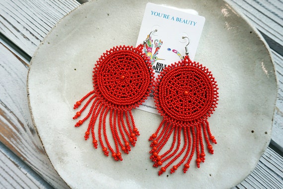 Red Boho Earrings, Native American Beaded Earrings, Statement Jewelry, Round Earrings, Handmade, Etsy Earrings, Indigenous Made