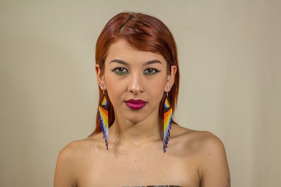 Native American Style Beaded Earrings, Boho Beaded Feather Earrings, Tribal Fashion Jewellery, Long Dangles, Statement Earrings, Handmade