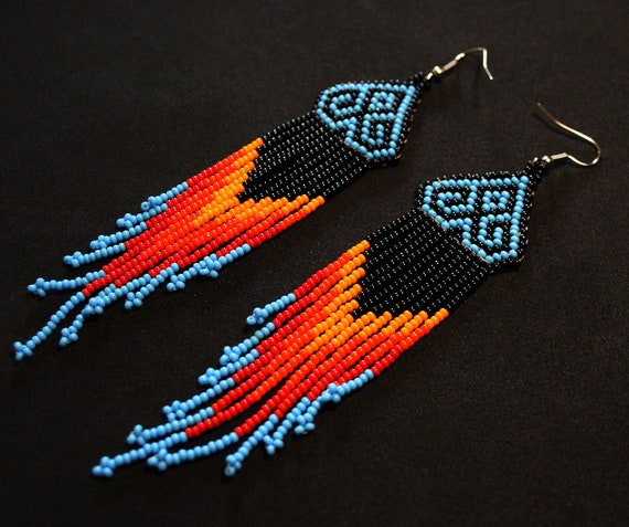Native American Earrings, Boho Earrings, Huichol Indian Earrings, Mexican Beaded Earrings, Beaded Tribal Earrings, Traditional Beading