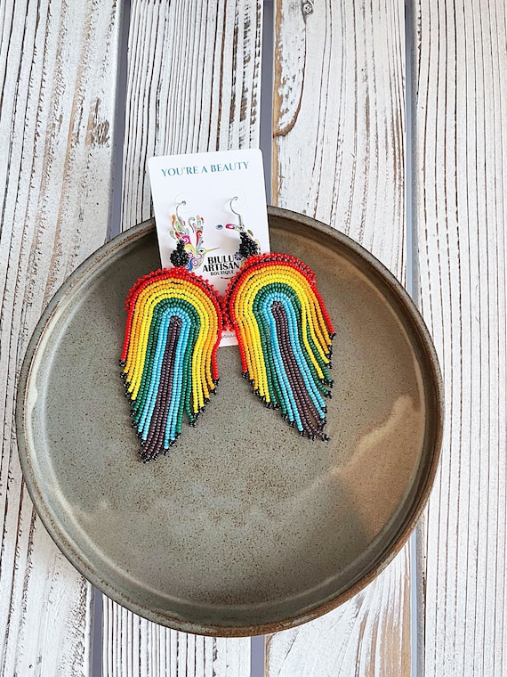 Chandelier Boho Earrings, Rainbow, Native American Beaded Earrings, Indigenous Made, Jewelry, Handmade, Statement  | Biulu Artisan Boutique