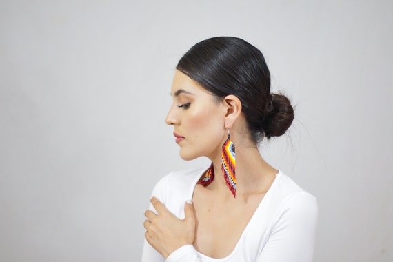 Boho Beaded Feather Earrings, Native American Style Beaded Earrings, Indigenous Made Jewelry, Long Dangles, Statement Earrings, Handmade