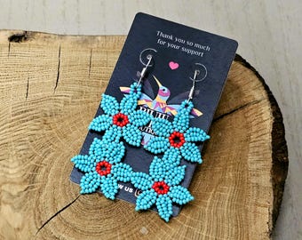 Green Turquoise Earrings, Flowers on a Vine Earrings, Beaded floral art, Native American Beaded Earrings, Mexican Art,Seed Bead Earrings