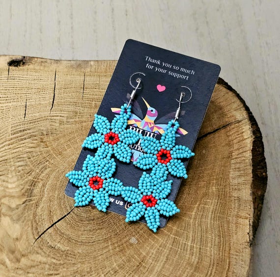 Green Turquoise Earrings, Flowers on a Vine Earrings, Beaded floral art, Native American Beaded Earrings, Mexican Art,Seed Bead Earrings