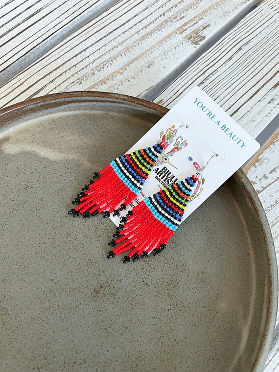 Striped Boho Earrings, Colorful Beaded Boho Earrings, Native Beaded Earrings, Short Dangle, Indigenous Made | Biulu Artisan Boutique