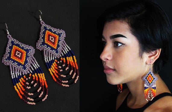 Boho Native Style Beaded Earrings,  Ojo de Dios Earrings, New Age Tribal Fashion Jewelry, Native American Earrings, Huichol Earrings