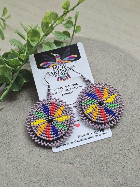 Purple Bohemian Sun Earrings, Native American Style Beaded Earrings, Beaded Boho Earrings, Tribal Sun Earrings, Small Medallion, Colorful