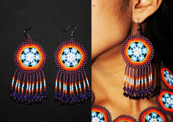 Native American Medallion Earrings, Huichol Earrings, Peyote Earrings, Native American Beaded Earrings, Beaded Dangle Earrings, Seed Bead