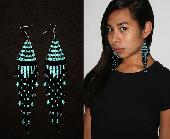 Bohemian Turquoise Black Dangle Earrings, Long Boho Earrings, Native American Beaded Earrings, Seed Bead Earrings, Tribal Fashion Earrings