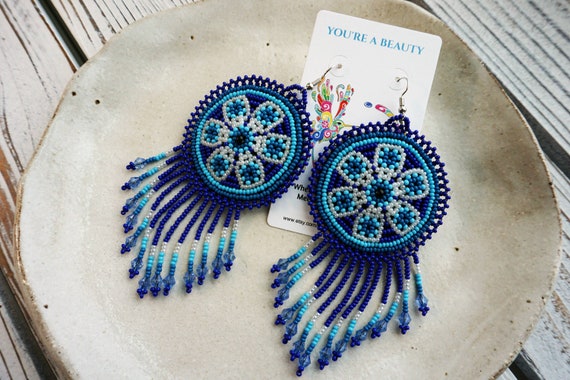 Beaded Native Earrings, Huichol Beadwork, Native American Beaded Earrings, Leather Backed Medallion Earrings, Cobalt Blue & Turquoise